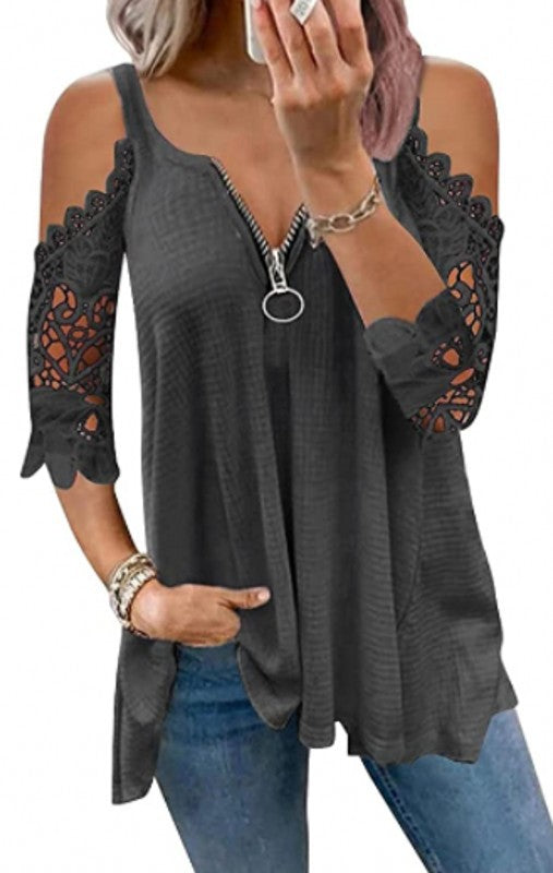 ⏰ 50% OFF⏰ Women's off-the-shoulder lace top with a zipper