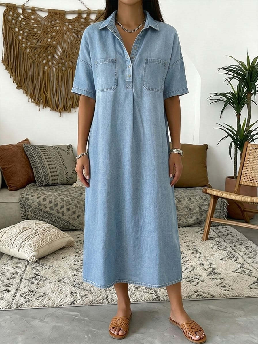 Loose Fit Collared Denim Midi Dress | Casual Pocket Shirt Dress