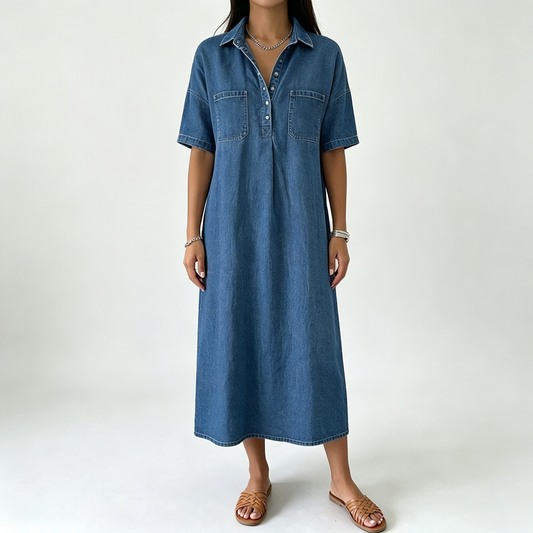 Loose Fit Collared Denim Midi Dress | Casual Pocket Shirt Dress