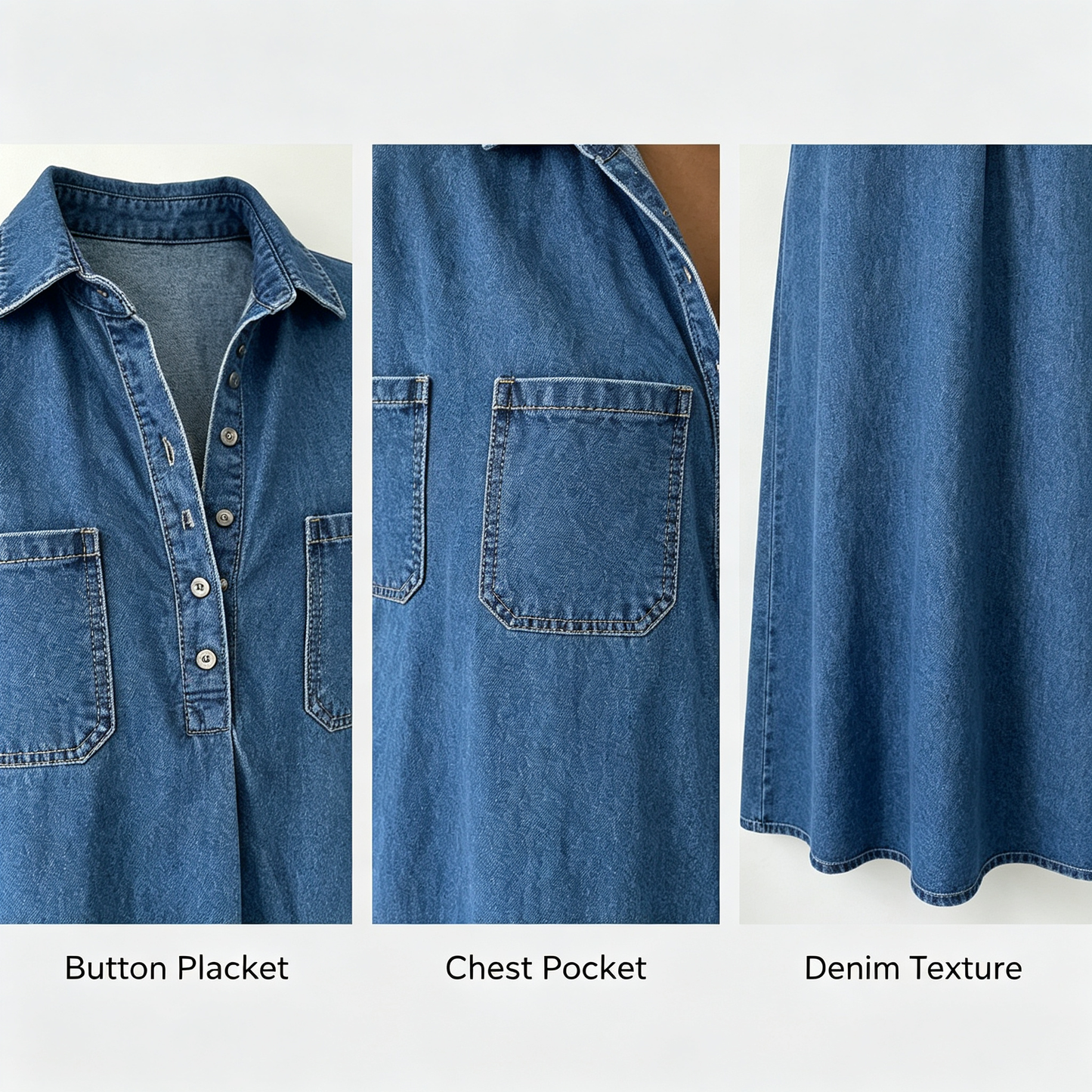 Loose Fit Collared Denim Midi Dress | Casual Pocket Shirt Dress