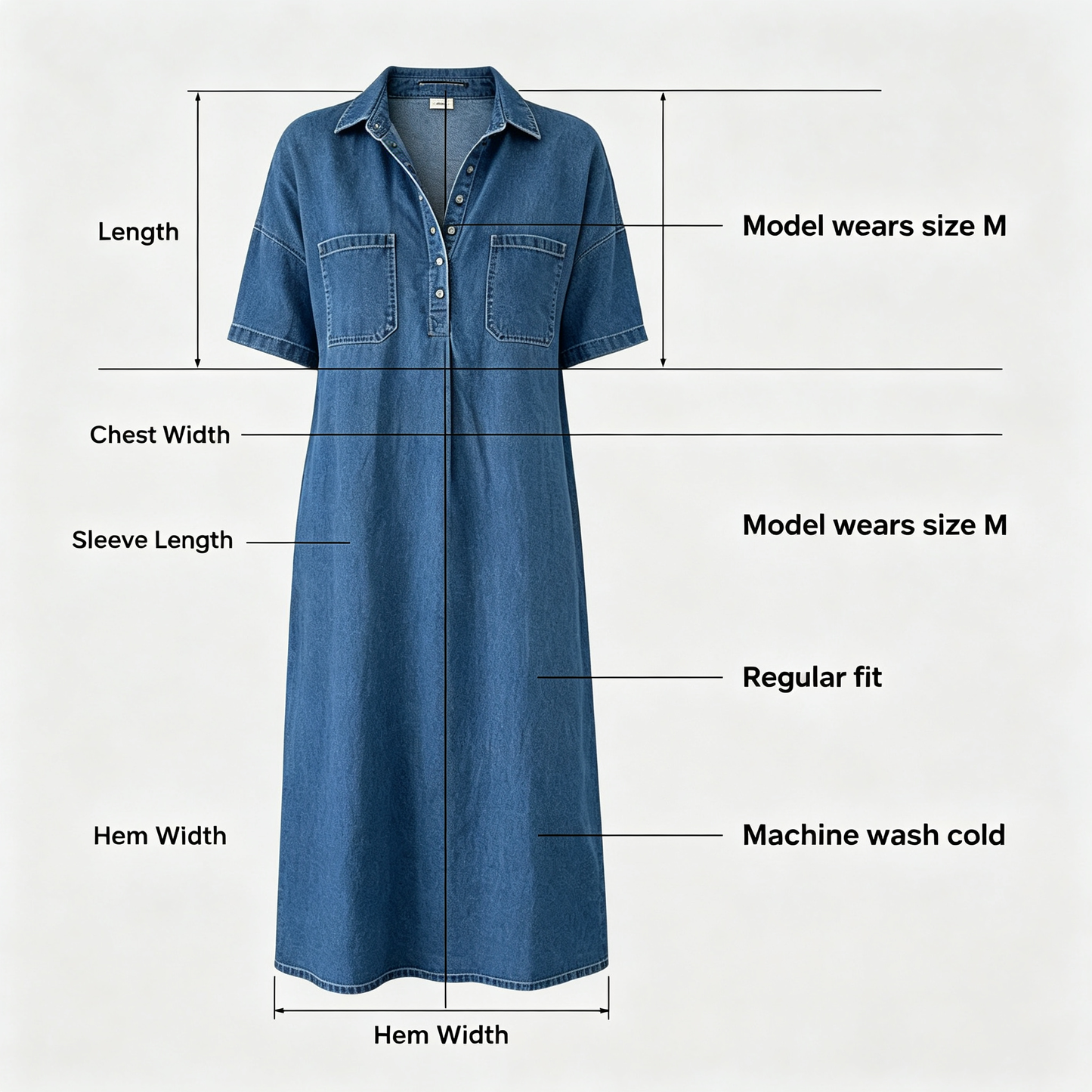 Loose Fit Collared Denim Midi Dress | Casual Pocket Shirt Dress