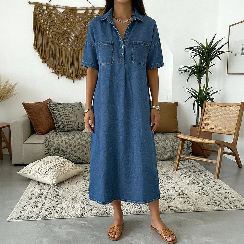 Loose Fit Collared Denim Midi Dress | Casual Pocket Shirt Dress