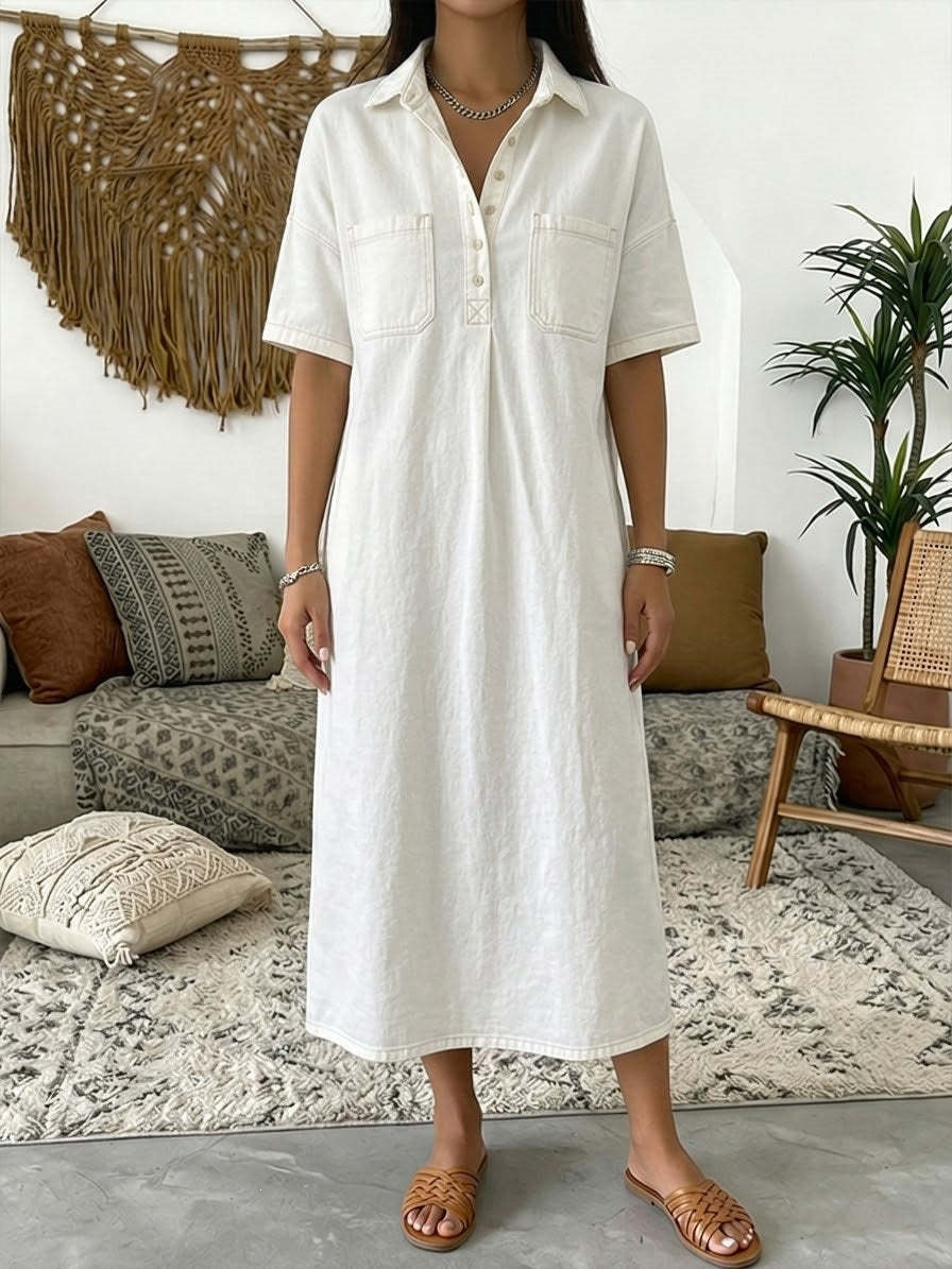 Loose Fit Collared Denim Midi Dress | Casual Pocket Shirt Dress