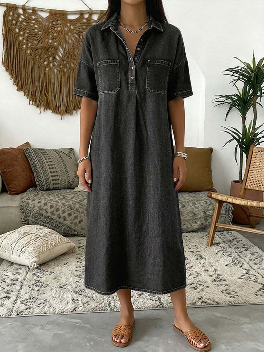 Loose Fit Collared Denim Midi Dress | Casual Pocket Shirt Dress